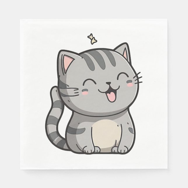 Gray Tabby Kawaii Smiling Cat Napkins (Front)