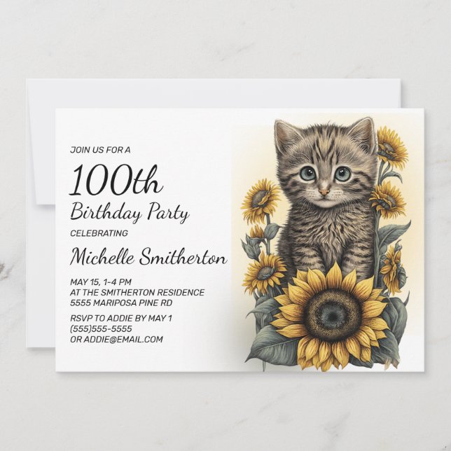 Gray Tabby Kitten Cat Sunflowers 100th Birthday Invitation (Front)