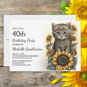 Gray Tabby Kitten Cat Sunflowers 40th Birthday Invitation