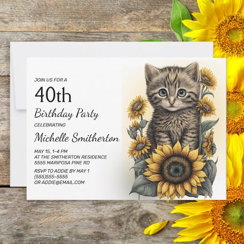 Gray Tabby Kitten Cat Sunflowers 40th Birthday Invitation