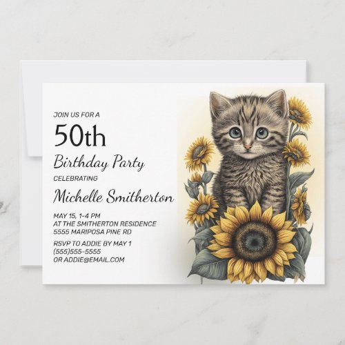 Gray Tabby Kitten Cat Sunflowers 50th Birthday Invitation
