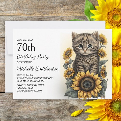 Gray Tabby Kitten Cat Sunflowers 70th Birthday Invitation