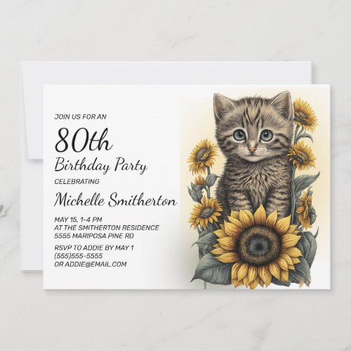 Gray Tabby Kitten Cat Sunflowers 80th Birthday Invitation