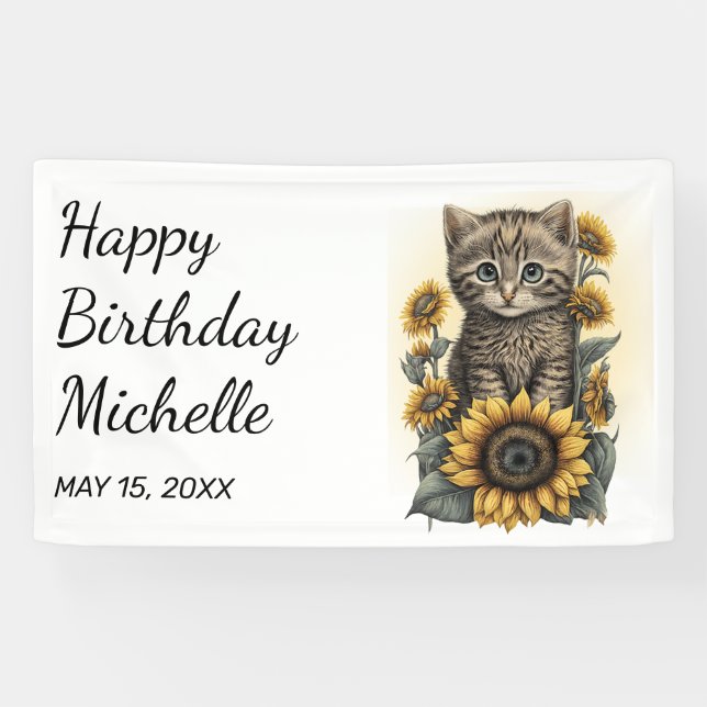 Gray Tabby Kitten Cat Sunflowers Happy Birthday Banner (Horizontal)