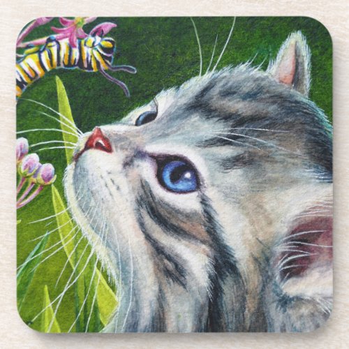 Gray Tabby Kitten  Caterpillar Watercolor Art Beverage Coaster