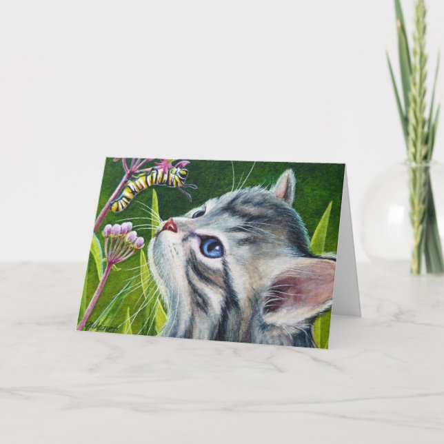 Gray Tabby Kitten & Caterpillar Watercolor Art Card (Front)