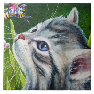 Gray Tabby Kitten & Caterpillar Watercolor Art Ceramic Tile
