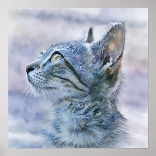 Gray Tabby Kitten Profile Watercolor Style Art Poster