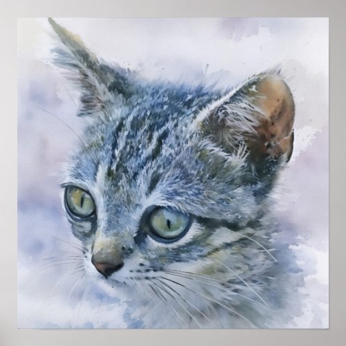 Gray Tabby Kitten Watercolor Style Art Poster