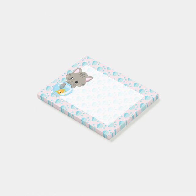 Gray Tabby Kitten with Fish Bowl Post-it Notes (Angled)