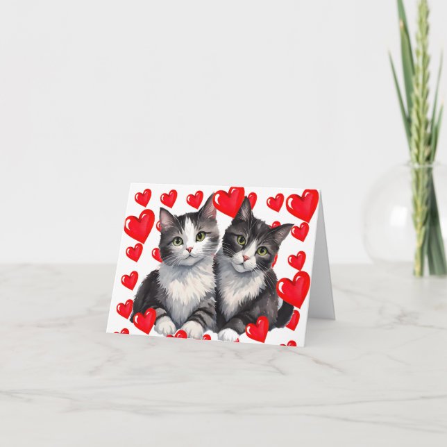 Gray Tabby Kittens & Hearts a Purr-fect Valentine Holiday Card (Front)