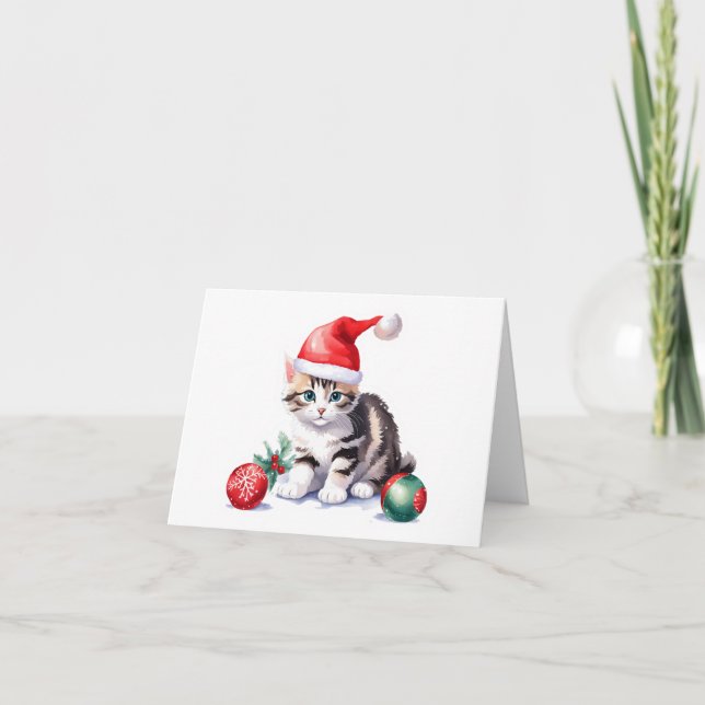 Gray Tabby Santa Kitten BLANK  Holiday Card (Front)