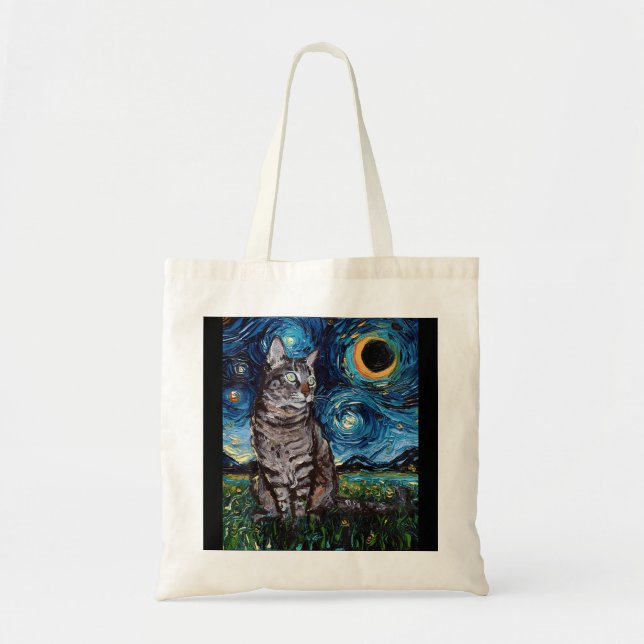 Gray Tabby Tiger Cat Starry Night Moon and Stars A Tote Bag (Front)
