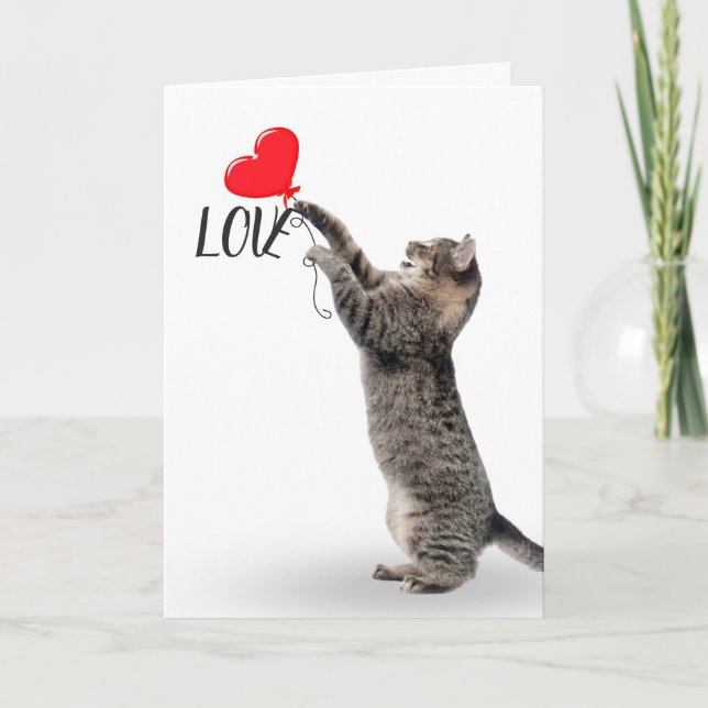Gray Tabby with Heart Balloon Card (Front)