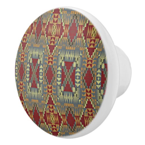 Gray Tan Brown Ochre Ivory Red Tribal Art Pattern Ceramic Knob