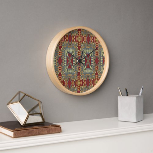 Gray Tan Brown Ochre Ivory Red Tribal Art Pattern Clock