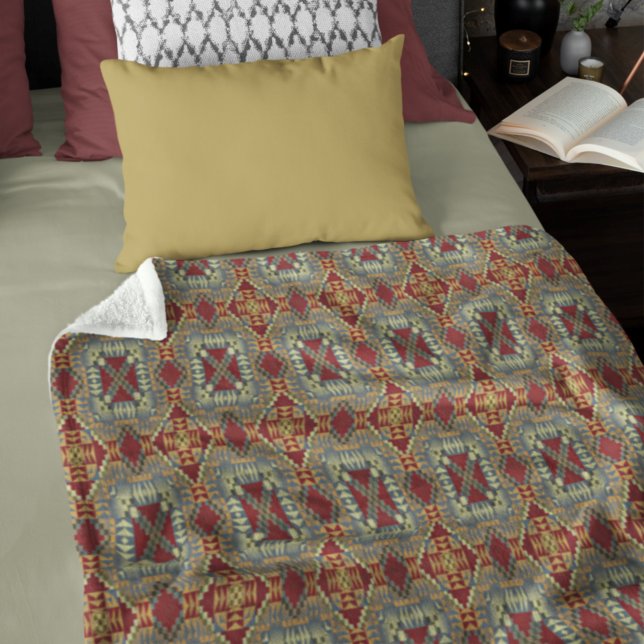 Gray Tan Brown Ochre Ivory Red Tribal Art Pattern Fleece Blanket (Creator Uploaded)