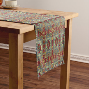 Gray Tan Brown Ochre Ivory Red Tribal Art Pattern Medium Table Runner