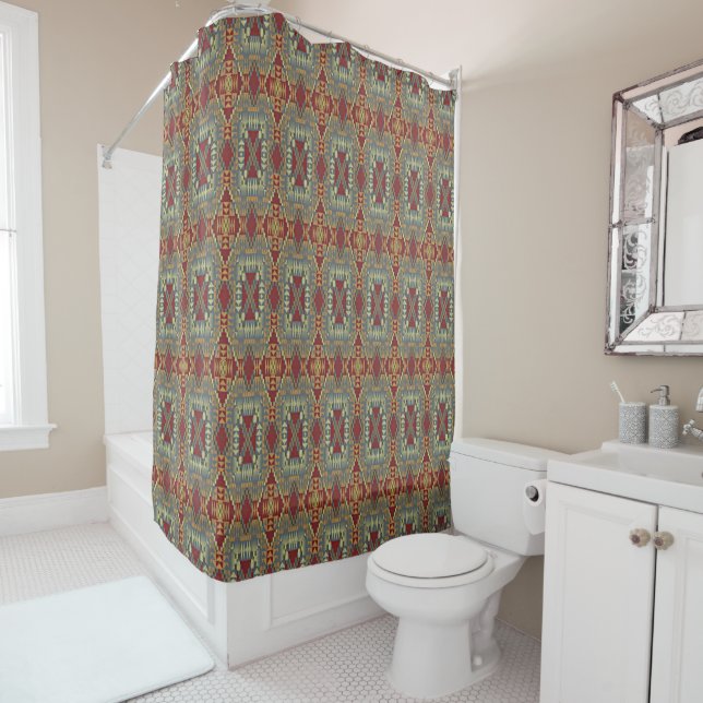 Gray Tan Brown Ochre Ivory Red Tribal Art Pattern Shower Curtain (In Situ)