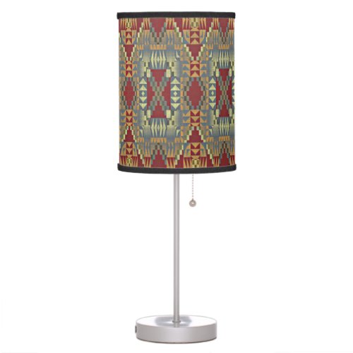Gray Tan Brown Ochre Ivory Red Tribal Art Pattern Table Lamp