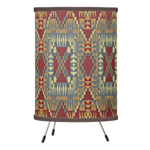 Gray Tan Brown Ochre Ivory Red Tribal Art Pattern Tripod Lamp