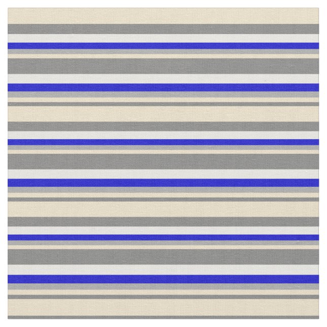 Gray, Tan, Dark Grey, Blue & White Pattern Fabric (Close Up)