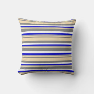 Gray, Tan, Dark Grey, Blue & White Pattern Pillow