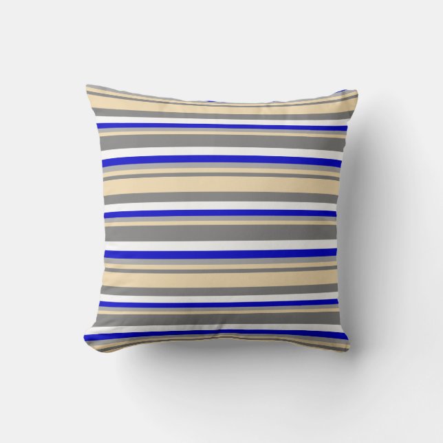 Gray, Tan, Dark Grey, Blue & White Pattern Pillow (Front)