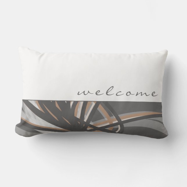 Gray & Taupe Abstract Ribbons | White | Welcome Lumbar Pillow (Front)