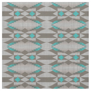 Gray Taupe Aqua Turquoise Teal Blue Tribal Art Fabric