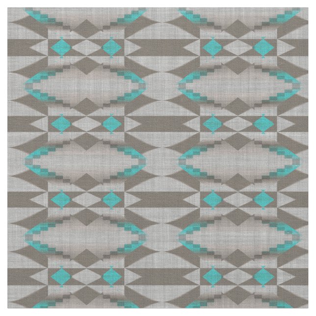 Gray Taupe Aqua Turquoise Teal Blue Tribal Art Fabric (Close Up)