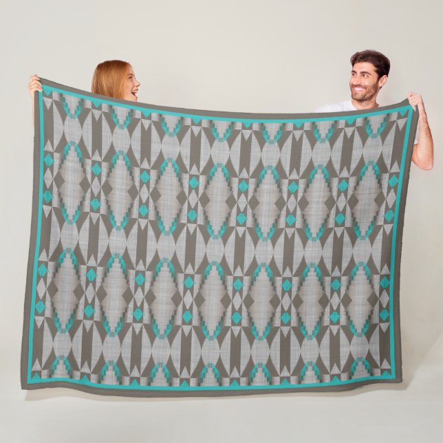 Gray Taupe Aqua Turquoise Teal Blue Tribal Art Fleece Blanket (In Situ)