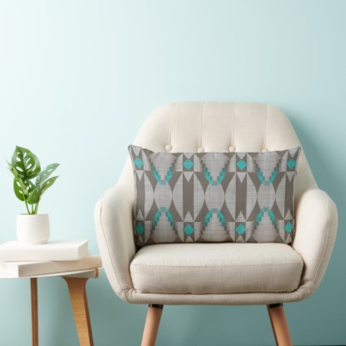 Gray Taupe Aqua Turquoise Teal Blue Tribal Art Lumbar Pillow