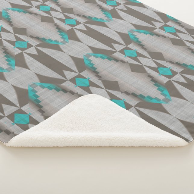 Gray Taupe Aqua Turquoise Teal Blue Tribal Art Sherpa Blanket (3/4)