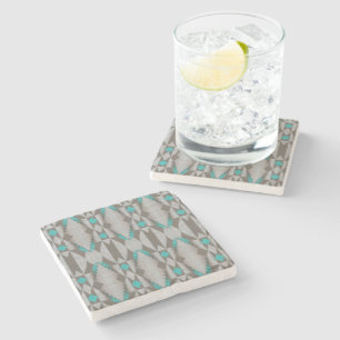 Gray Taupe Aqua Turquoise Teal Blue Tribal Art Stone Coaster