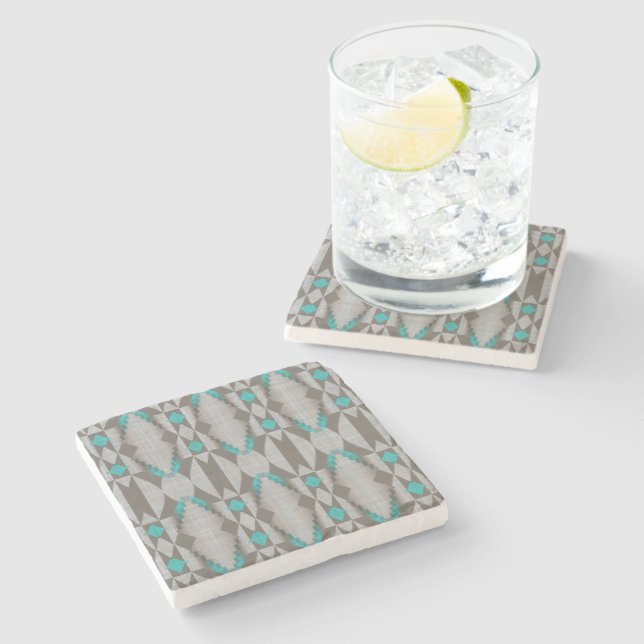 Gray Taupe Aqua Turquoise Teal Blue Tribal Art Stone Coaster (Side)