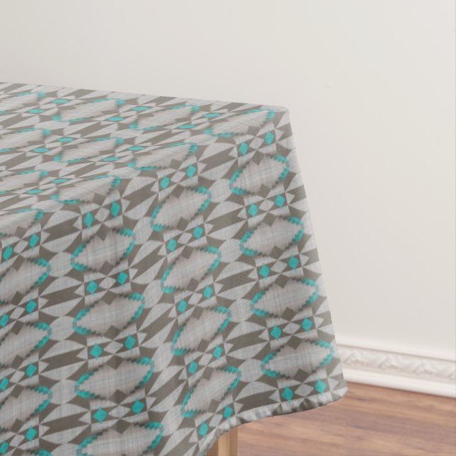 Gray Taupe Aqua Turquoise Teal Blue Tribal Art Tablecloth (In Situ)