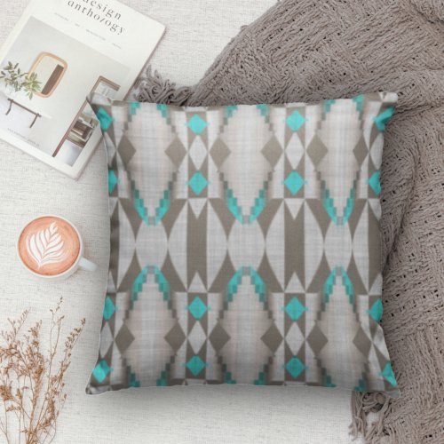 Gray Taupe Aqua Turquoise Teal Blue Tribal Art Throw Pillow