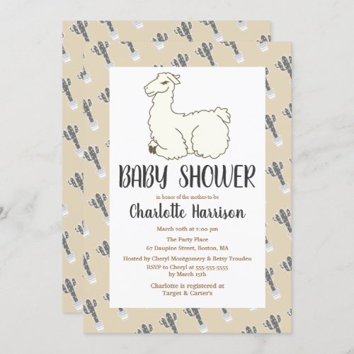 Gray  Taupe Llama  Cactus Baby Shower Invitation