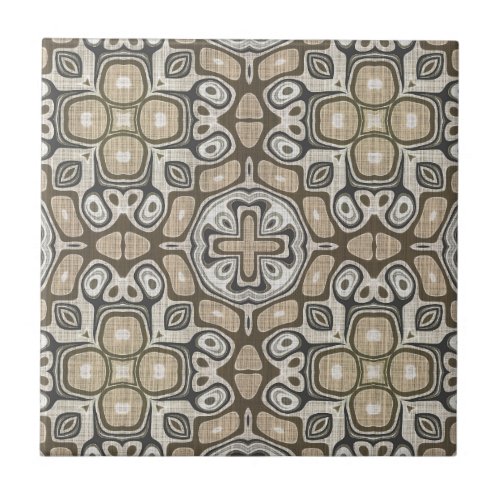 Gray Taupe Ochre Brown Beige Ethnic Tribe Art Ceramic Tile