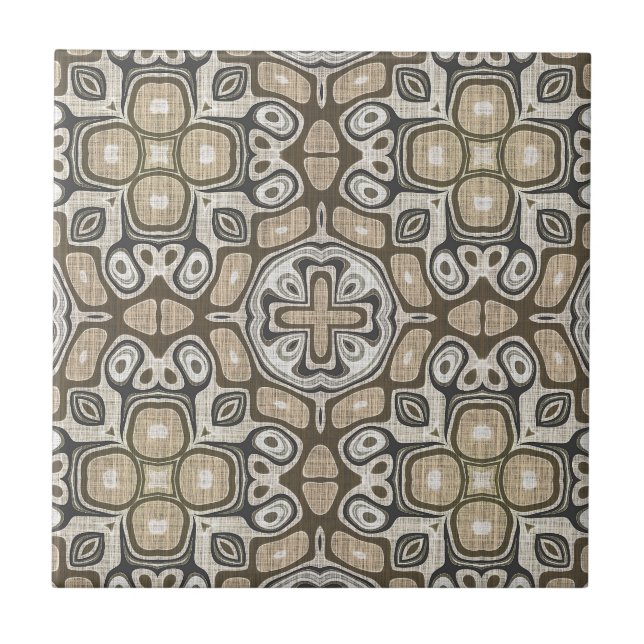 Gray Taupe Ochre Brown Beige Ethnic Tribe Art Ceramic Tile (Front)