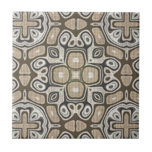 Gray Taupe Ochre Brown Beige Ethnic Tribe Art Ceramic Tile