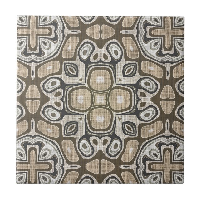 Gray Taupe Ochre Brown Beige Ethnic Tribe Art Ceramic Tile (Front)