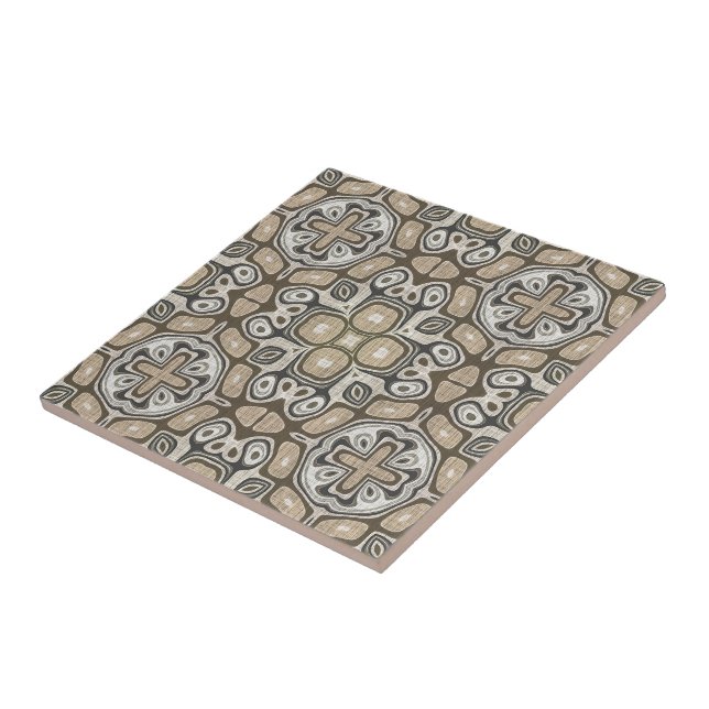 Gray Taupe Ochre Brown Beige Ethnic Tribe Art Ceramic Tile (Side)