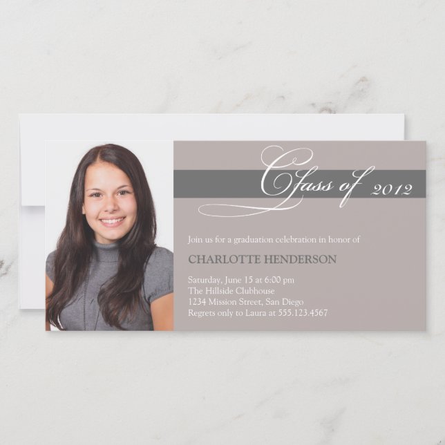 Gray taupe script class of graduation announcement (Front)