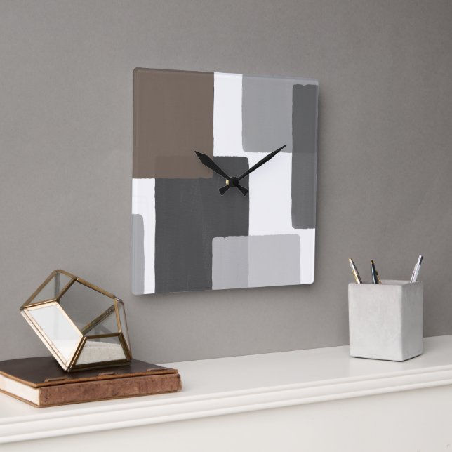 Gray Taupe White Geometric Modern Minimalist  Square Wall Clock (Office)
