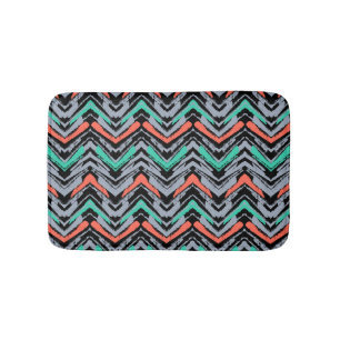 Gray, Teal, And Coral Hand Drawn Chevron Pattern Bath Mat
