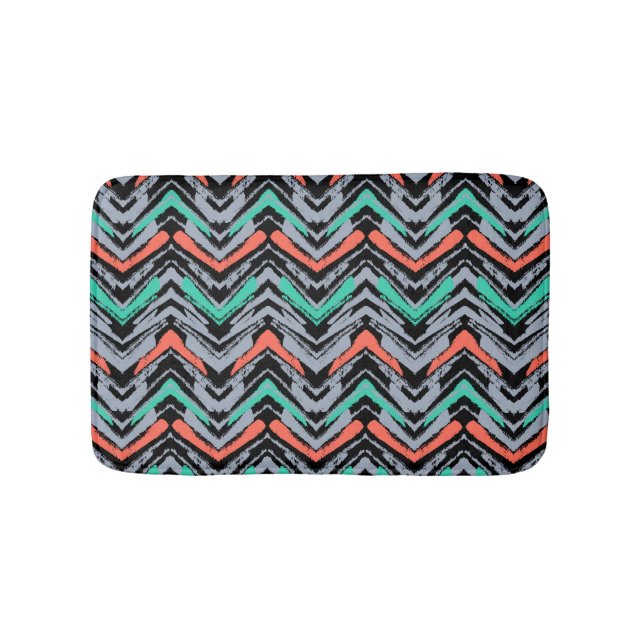 Gray, Teal, And Coral Hand Drawn Chevron Pattern Bath Mat (Front)