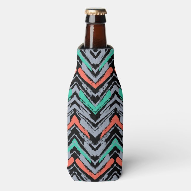 Gray, Teal, And Coral Hand Drawn Chevron Pattern Bottle Cooler (Bottle Front)