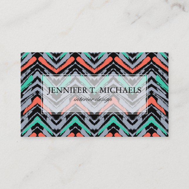 Gray, Teal, And Coral Hand Drawn Chevron Pattern Business Card (Front)